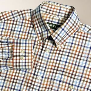Orvis Men's M Brown Blue Plaid Cotton Button Down Long Sleeve Shirt Outdoors